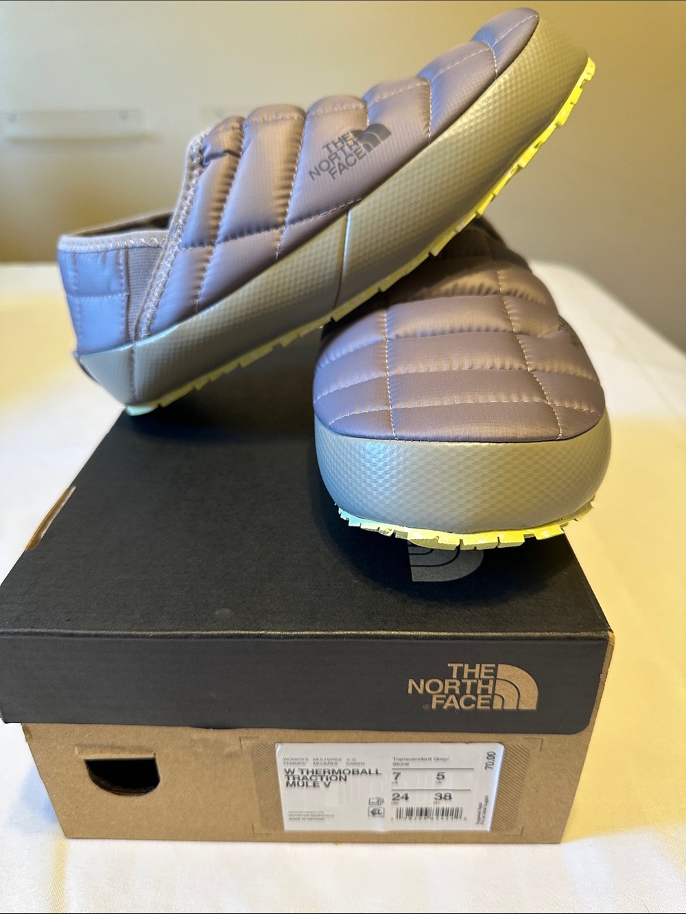 The North Face Quilted Lavender Mule with Yellow Outsole